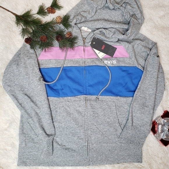 NWT Levi's gray striped hoodie with pink and blue stripes size M. - Picture 3 of 8